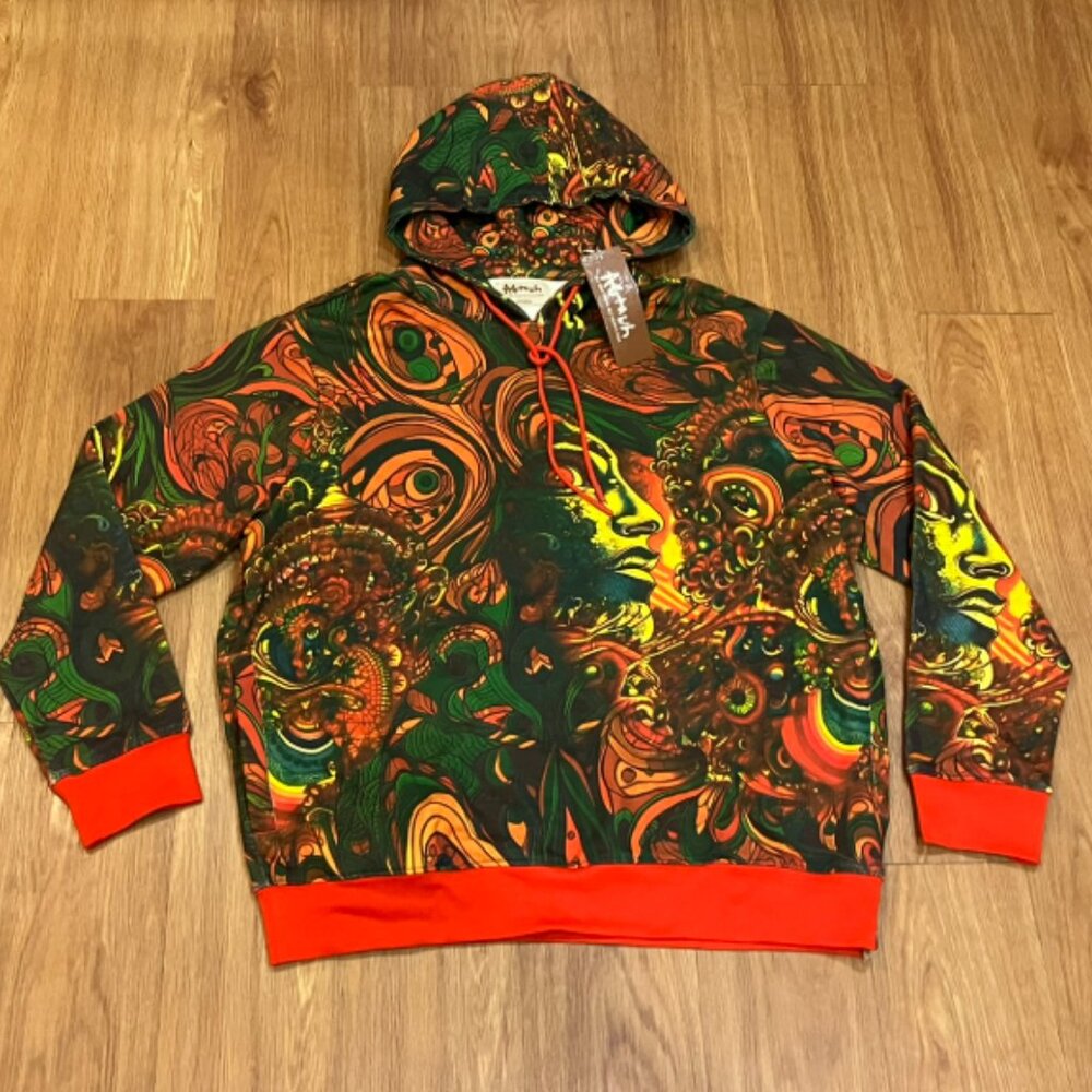 AGTAWH Men French Terry Abstract Motif Print Hoodie Multicolor Size XL
